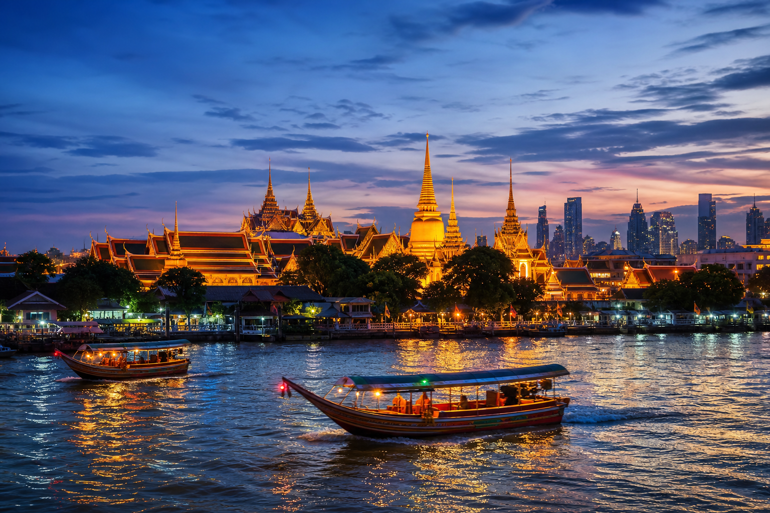 Grand Palace i Bangkok ved elva i skumringen
