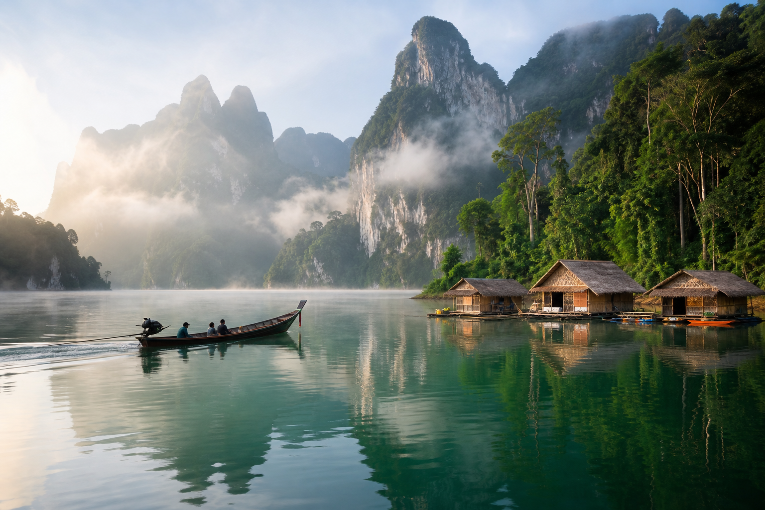 Cheow Lan-sjøen i Khao Sok med tåke og kalksteinsfjell