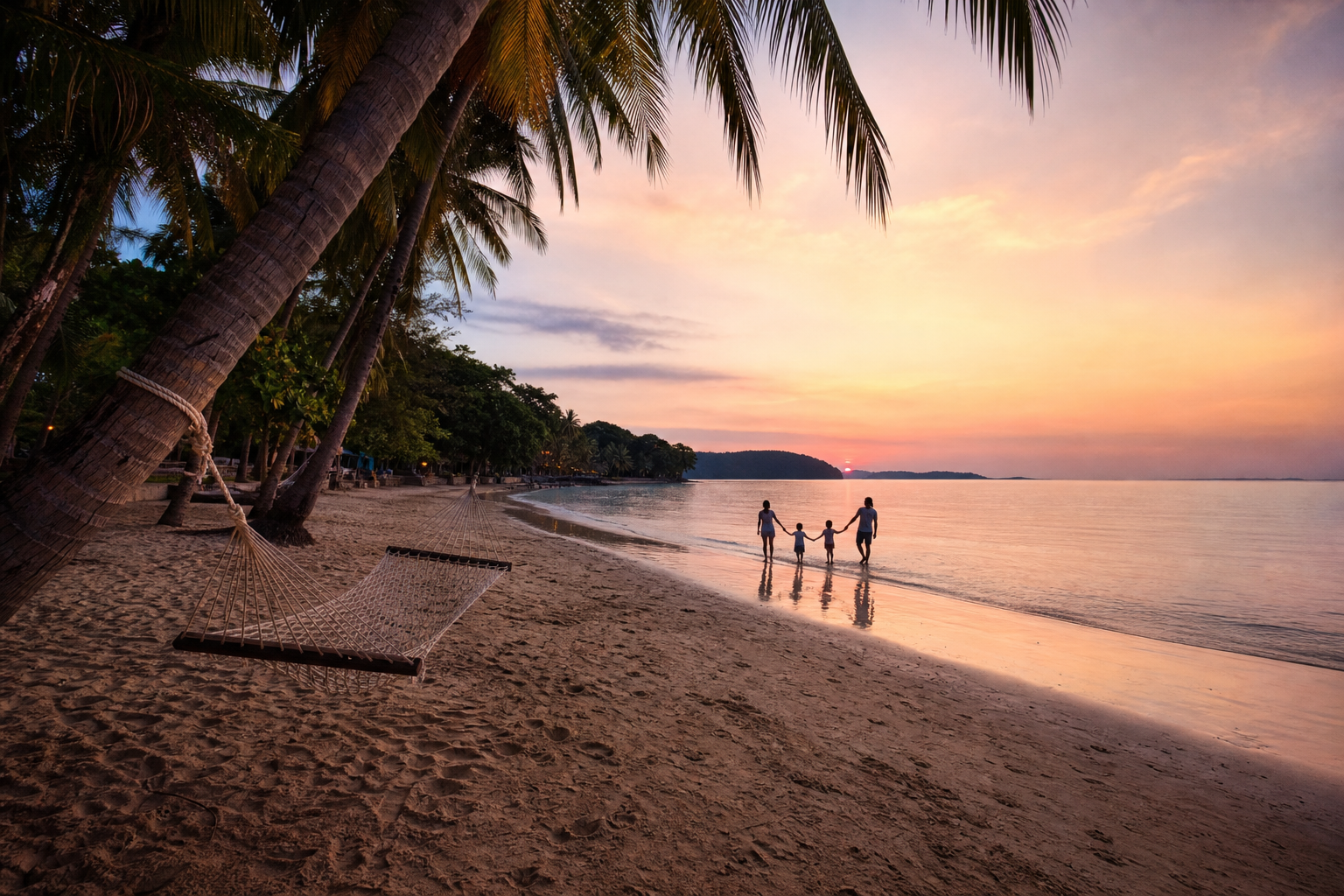 Rolig strand på Koh Lanta i solnedgang med hengekøye og familie